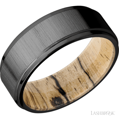 8 mm wide Flat Grooved Edges Zirconium band featuring a Spalted Tamarind sleeve.