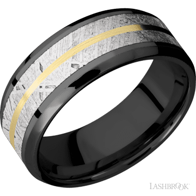 8 mm wide/Beveled/Zirconium band featuring inlays of Meteorite and 14K Yellow Gold.