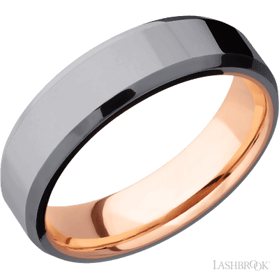 6 mm wide Beveled Tantalum band featuring a 14K Rose Gold sleeve.