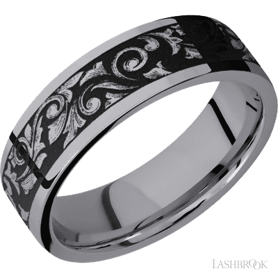 7 mm wide/Flat/Tantalum band with a laser carved Western Scroll pattern.