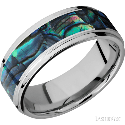 8 mm wide/Flat Grooved Edges/Cobalt Chrome band with one 5 mm Centered inlay of Abalone.