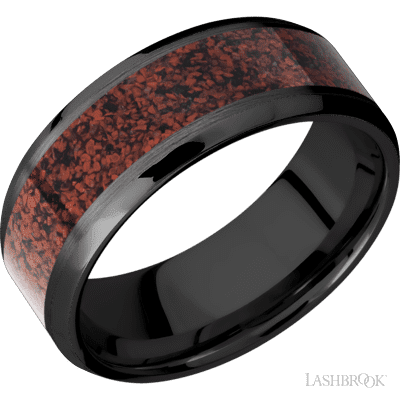 8 mm wide/Beveled/Zirconium band with one 5 mm Centered inlay of Dinosaur Bone Red.
