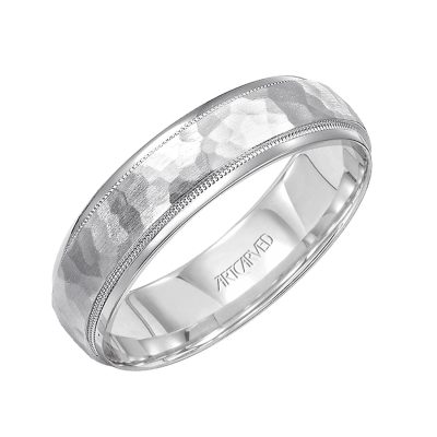 11-WV7173-G - ARTCARVED - Comfort Fit wedding band with hammered satin finish and rolled edges Please note hand hammered styles will have slight variations due to the nature of the manufacturing process