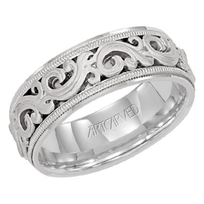 11-WV7300-G - ARTCARVED - Comfort Fit wedding band with intricate, engraved scroll design, milgrain and flat edges