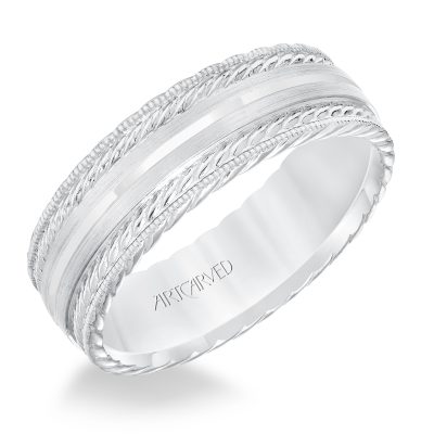 11-WV8641-G - ARTCARVED - Mens wedding band with satin finish and milgrain edge, rope treatment on top and the sides with flat profile.