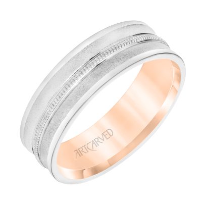 11-WV8797-G - ARTCARVED - Mens Comfort Fit Wedding Band with Concave Design, White Gold Exterior with Milgrain Center with Polished Flat Edge and Rose Gold Interior