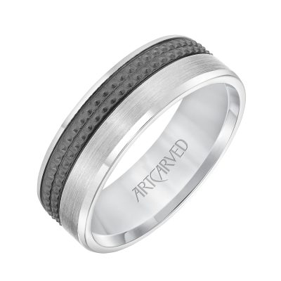 11-WV8842-G - ARTCARVED - Mens Comfort Fit Wedding Band with Brushed Finish and Textured Black Rhodium and Polished Edge