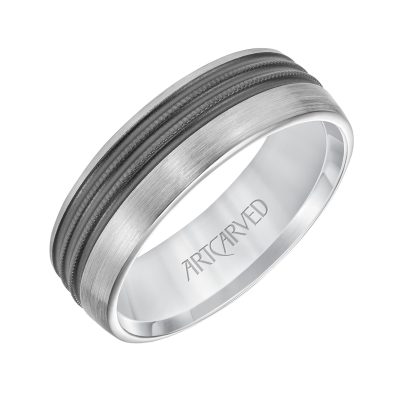 11-WV8844-G - ARTCARVED - Mens Comfort Fit Wedding Band with Brushed Matte Finish with Textured Black Rhodium and Milgrain Accents