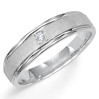 21-V3105-G - ARTCARVED - Comfort Fit wedding band with single diamond, vertical brushed finish and bright, rolled edges