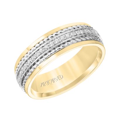 22-V8730-G - ARTCARVED - 7MM Wedding Band with Polished Finish and Double Rope with Diamond Center Inlay Detail