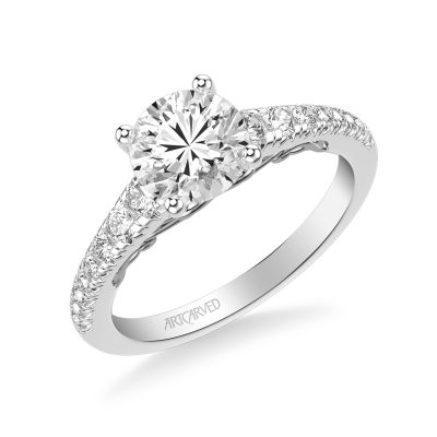 31-V1009-E - ARTCARVED - Lyric Engagement Ring with Carved Gallery details and Graduated Diamond Shank