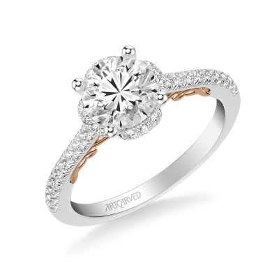 31-V1010-E - ARTCARVED - Lyric Engagement Ring with Round Diamond Halo and Carved Gallery details with  Diamond Shank