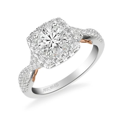 31-V1013-E - ARTCARVED - Lyric Engagement Ring with Cushion Diamond Halo and Carved Gallery details with Twist Diamond Shank