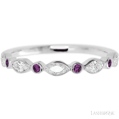 10K White Gold band with alternating 4 Round Purple Diamond and 5 Marquise Lab Grown Diamond having TCW-.56