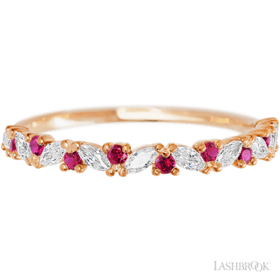 14K Rose Gold band with alternating 9 Round Ruby and 8 Marquise Lab Grown Diamond having TCW-.38