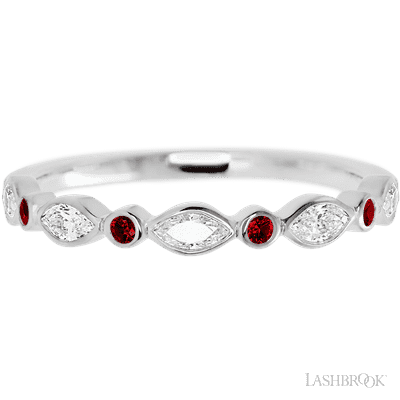 14K White Gold band with alternating 4 Round Dark Ruby and 5 Marquise Lab Grown Diamond having TCW-.56