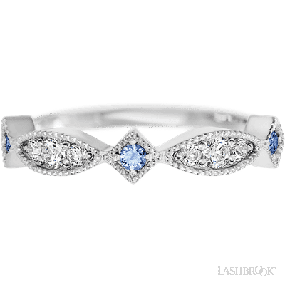 14K White Gold band with alternating 3 Round Denim Sapphire, 2 Round Lab Grown Diamond and 4 Round Lab Grown Diamond having TCW-.27