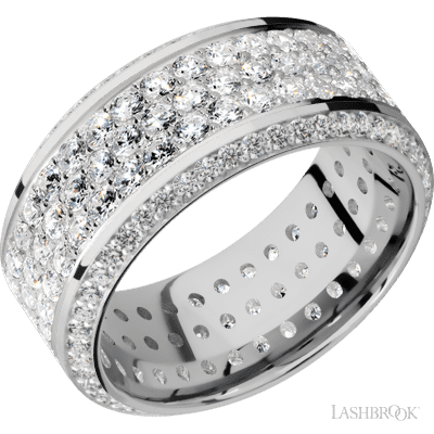 10 mm wide/High Bevel/14K White Gold band with a Bevel Eternity arrangement of .01 carat Round Diamond stones in a Bead setting and featuring a a 3 Row Eternity arrangement of .03 carat Round Diamond stones in a Bead Channel setting