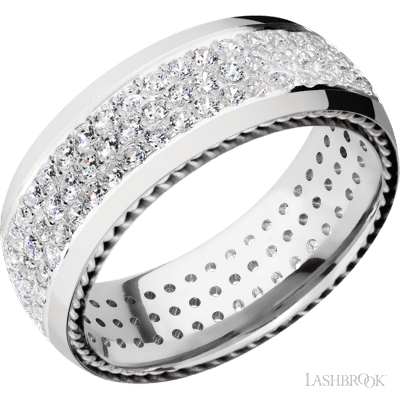 8 mm wide/Domed/14K White Gold band with  two 1 mm Sidebraid inlays of 14K White Gold and featuring a 3 Row Eternity arrangement of .015 carat Round Diamond stones in a Bead Channel setting