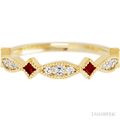 14K Yellow Gold band with alternating 7 Round Lab Grown Diamond, 6 Round Lab Grown Diamond and 4 Princess Dark Ruby having TCW-.51