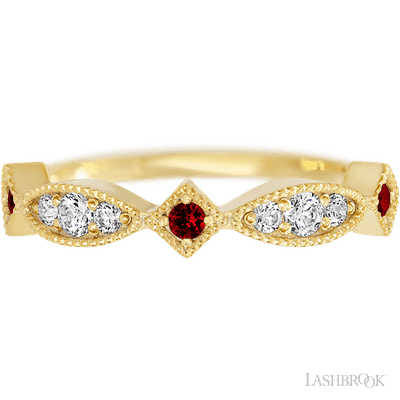 14K Yellow Gold band with alternating 3 Round Dark Ruby, 2 Round Lab Grown Diamond and 4 Round Lab Grown Diamond having TCW-.27