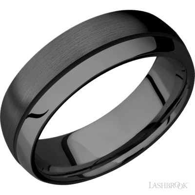 7 mm wide/Domed/Zirconium band with one 0.5 mm Off Center inlay of Black.